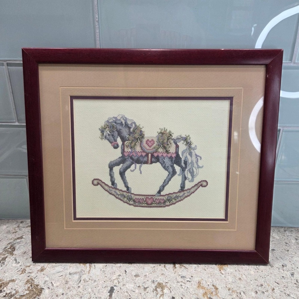 Framed Handmade Cross Stitch Rocking‎ Horse Needlepoint Art Nursery Decor 2002 - Picture 2 of 8